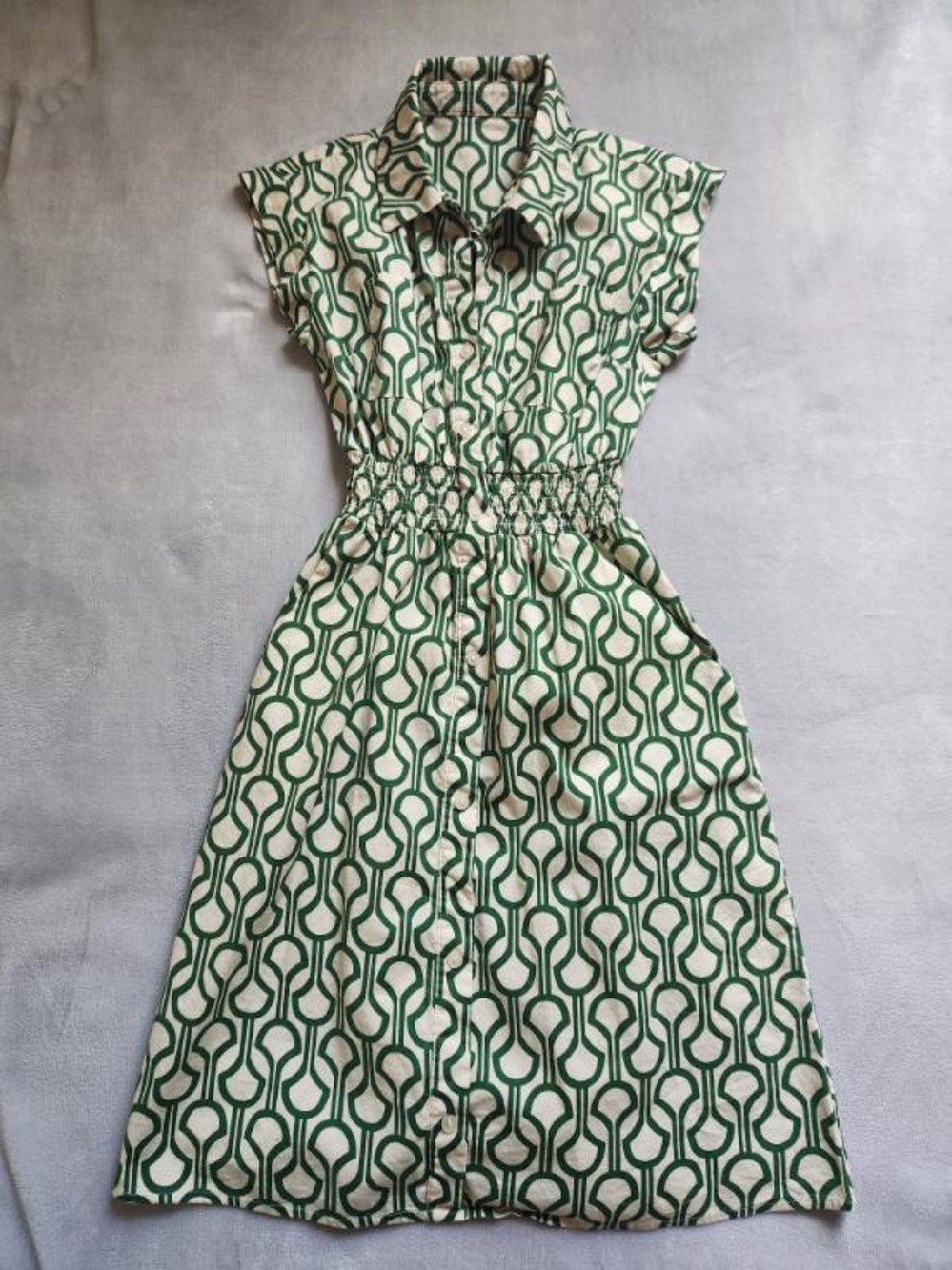 Green Geometric Shirt Dress with Elastic Waist